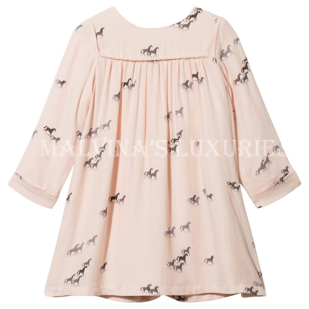 CHLOE DRESS PINK HORSE PRINT BIB FRONT SOFT WOOL BLEND LONG SLEEVE 6 months